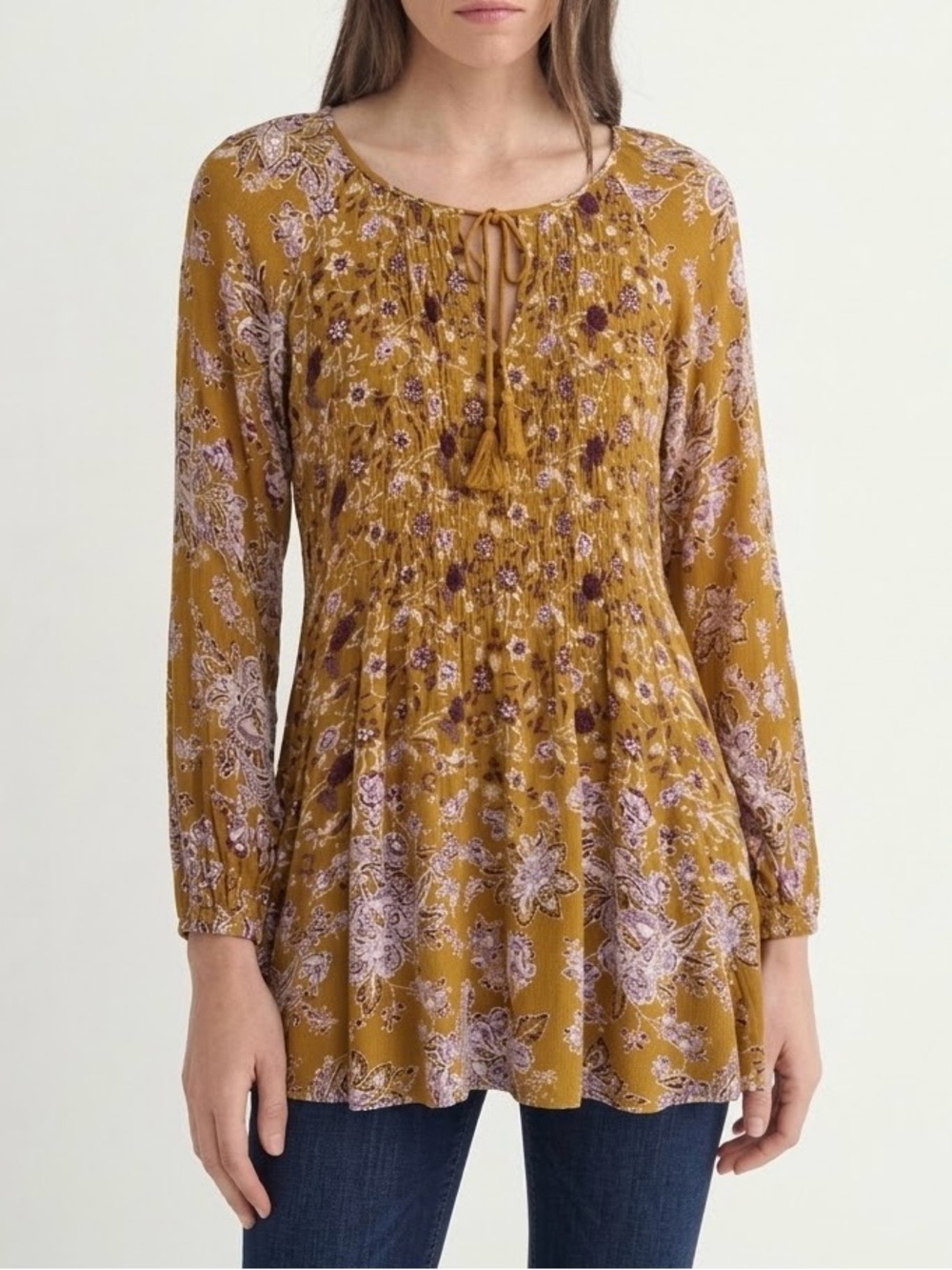Free People Womens Floral Lucky Loosie Swing Mini Dress Size M Long Sleeve